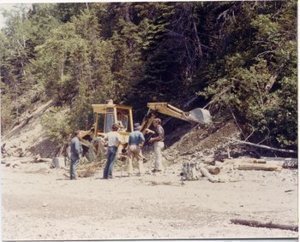 PHOTO WITHOUT IDENTIFIED INDIVIDUALS - On the Gaspe, New Brunswick, excavating at the Chaleuria locality between Campbellton and Dalhousie, N.B. Photo taken in the late 1960s or early 70s